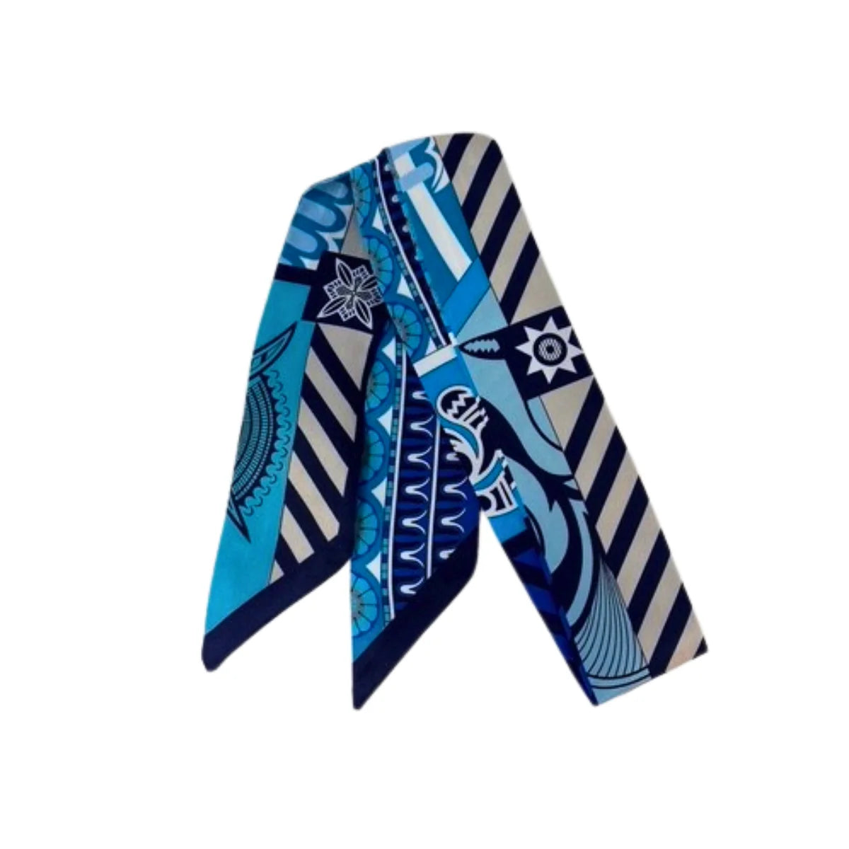 Nautical Striped & Geometric Design Twilly Scarf - Navy