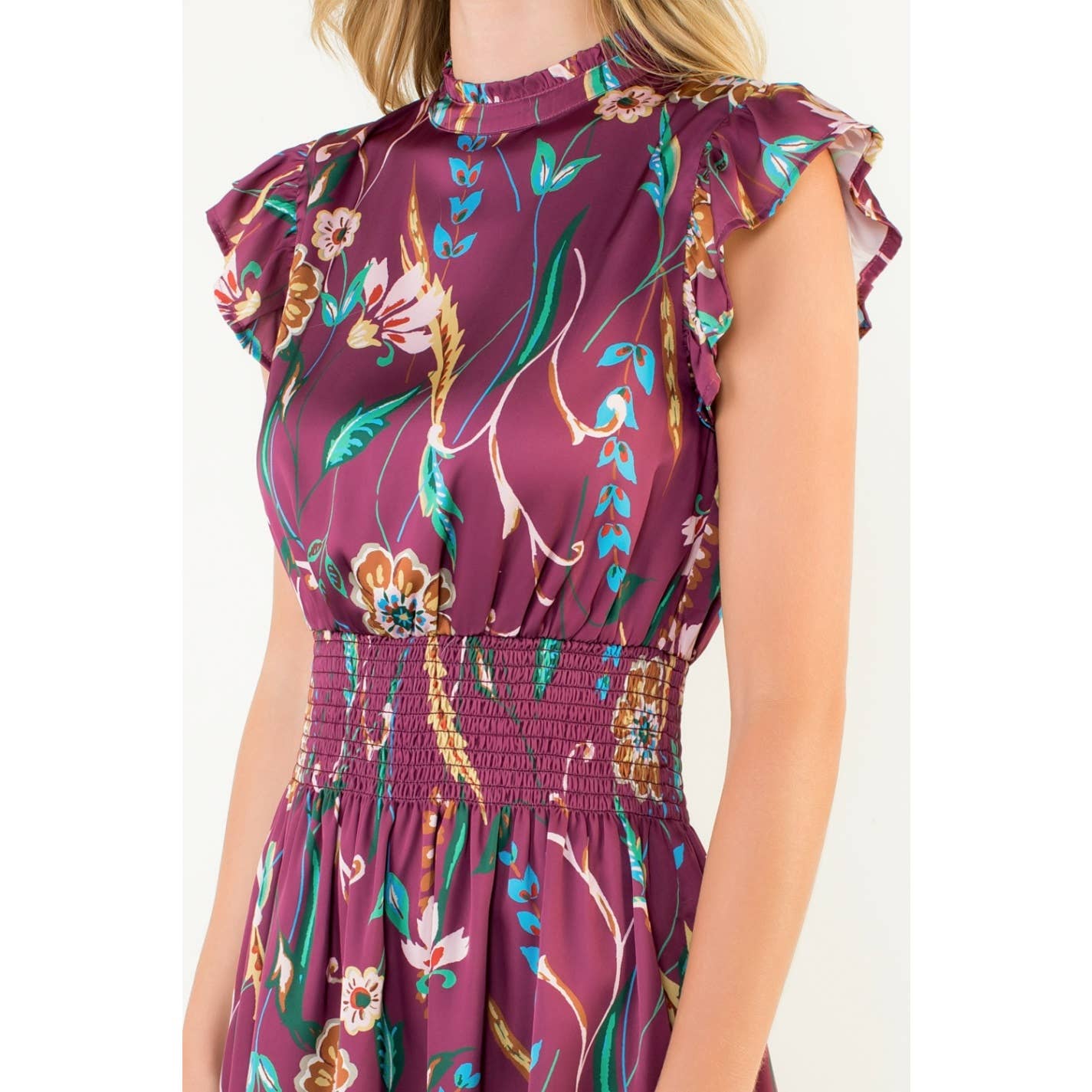 Smocked Waist Flutter Sleeve Dress - Burgundy