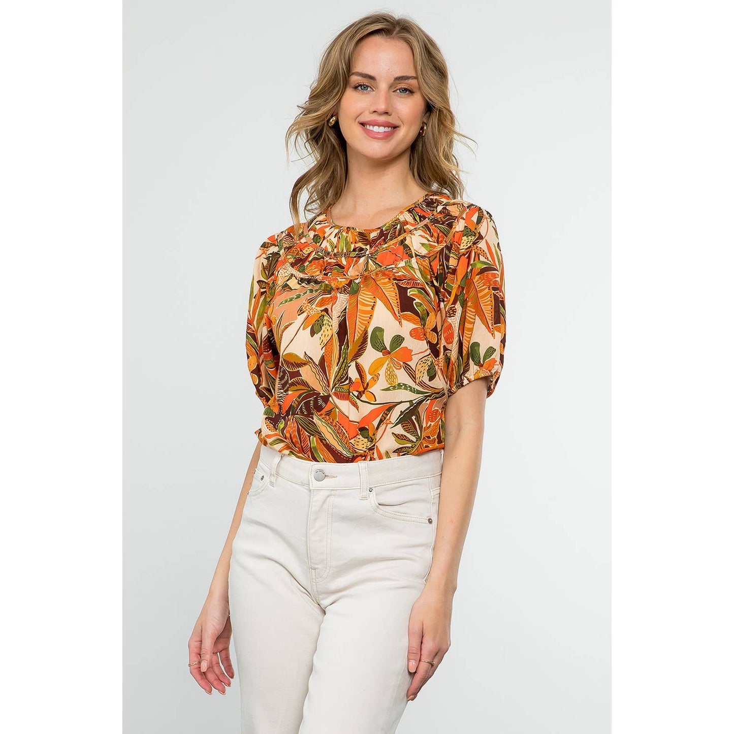 Puff Sleeve Floral Top - Beige