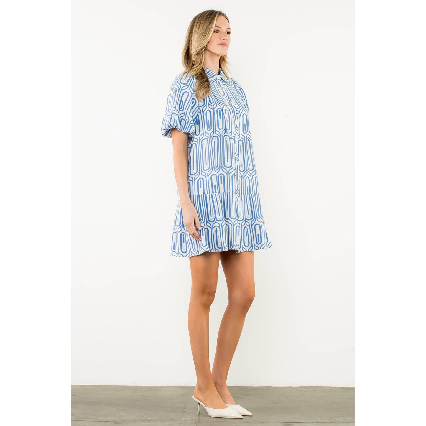 Geometric Puff Sleeve Button Dress - Blue