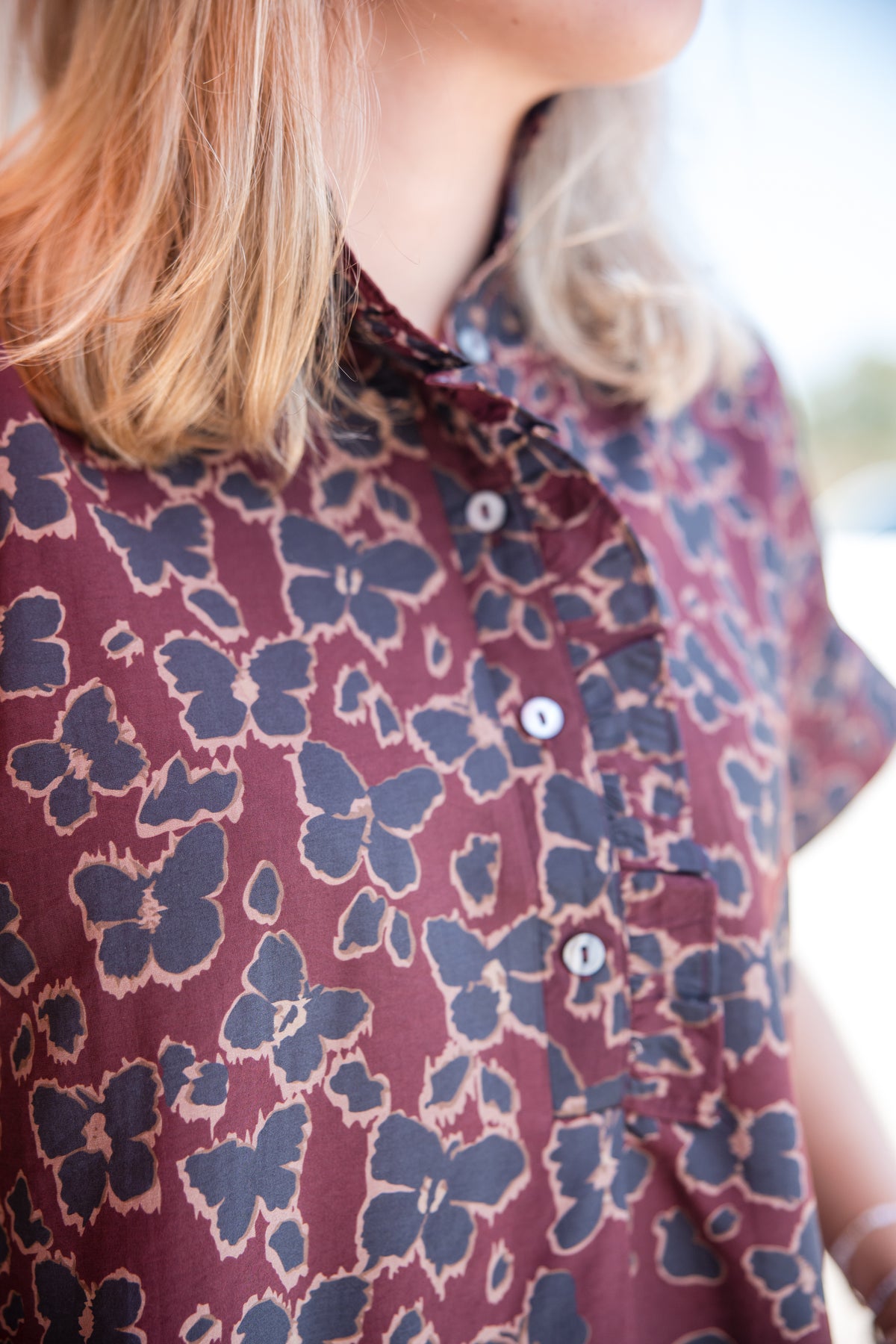 Floral Print Short Sleeve Ruffle Neck Top - Wine