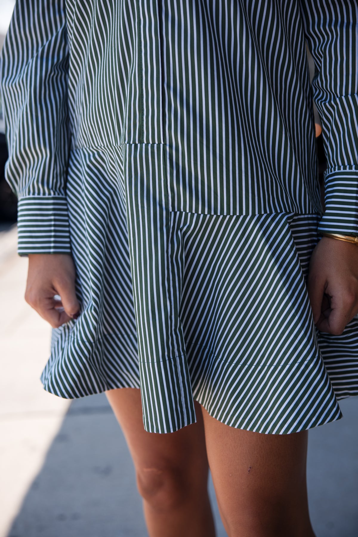Stripe Collar Flared Skirt Dress - Dark Olive