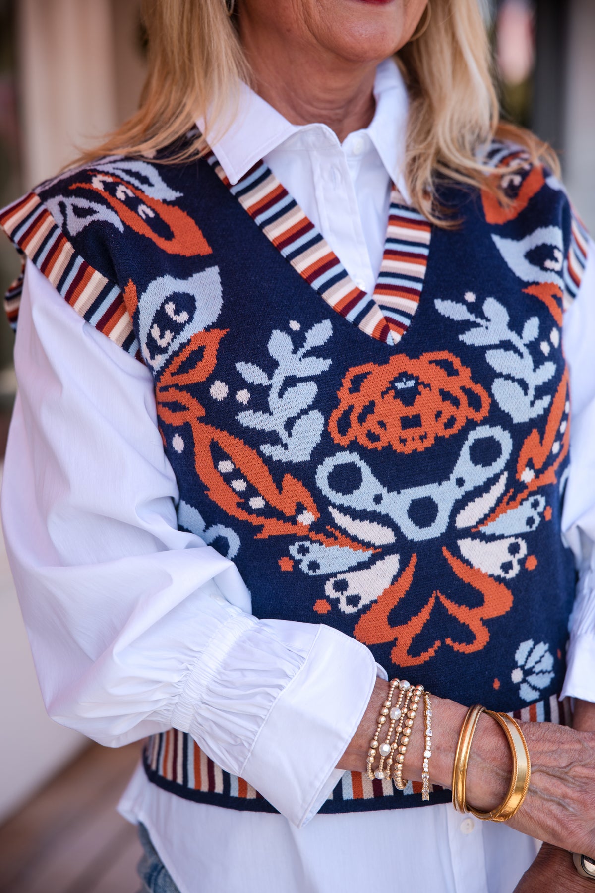 Flower Print with Stripe Detail Vest Top - Navy