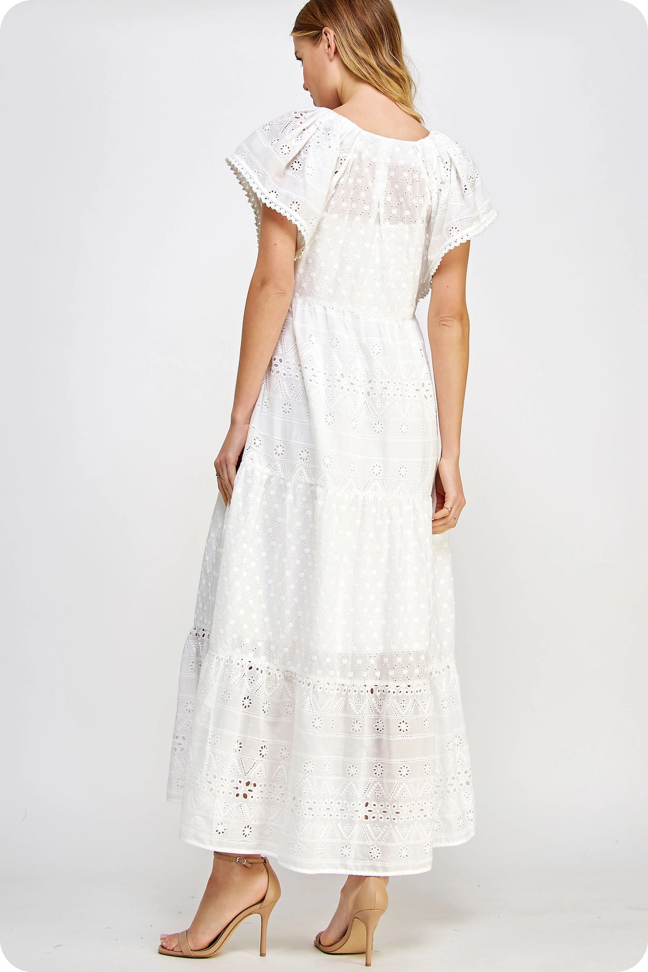 Pearl Trim Details Eyelet Long Dress - White