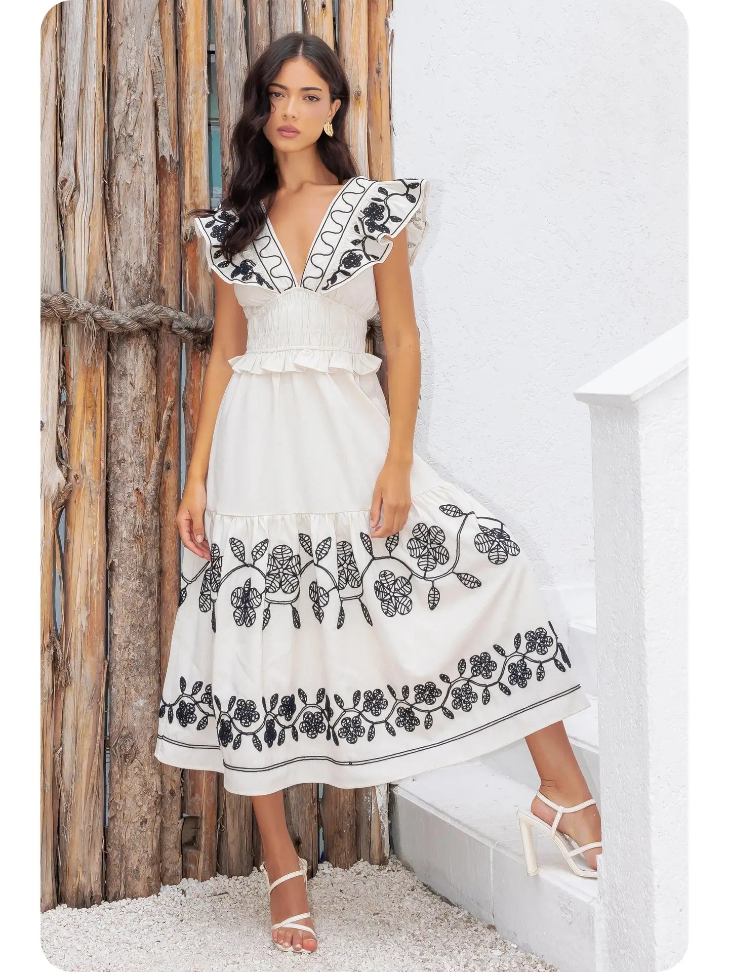 Embroidery Detail Ruffle Linen Long Dress - Ecru