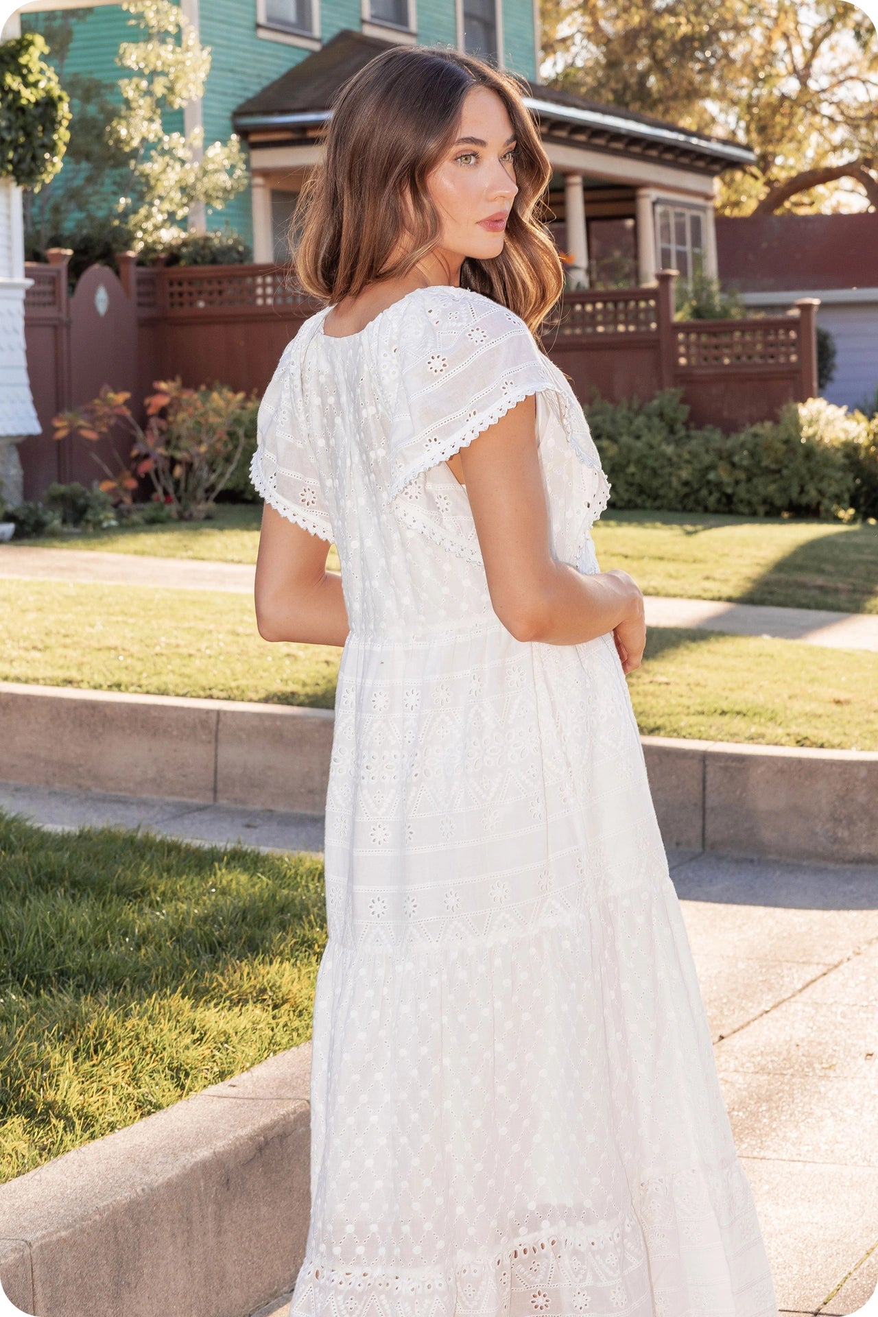 Pearl Trim Details Eyelet Long Dress - White