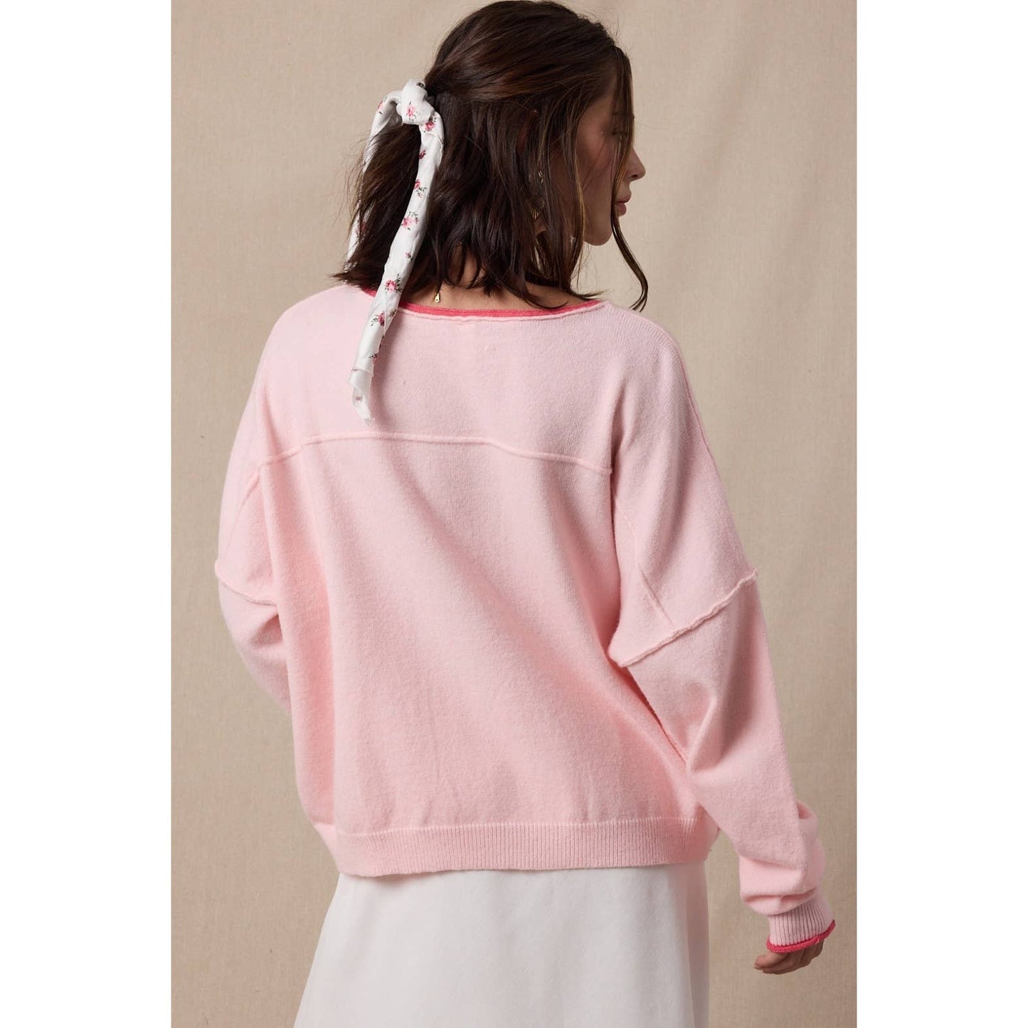 Brushed Contrast Boat Neck Sweater - Pink/Punch