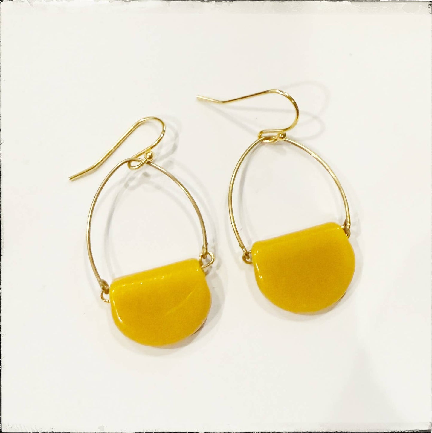 Brass Texture Triangle Dangle Earring - Lampwork Glass Yellow