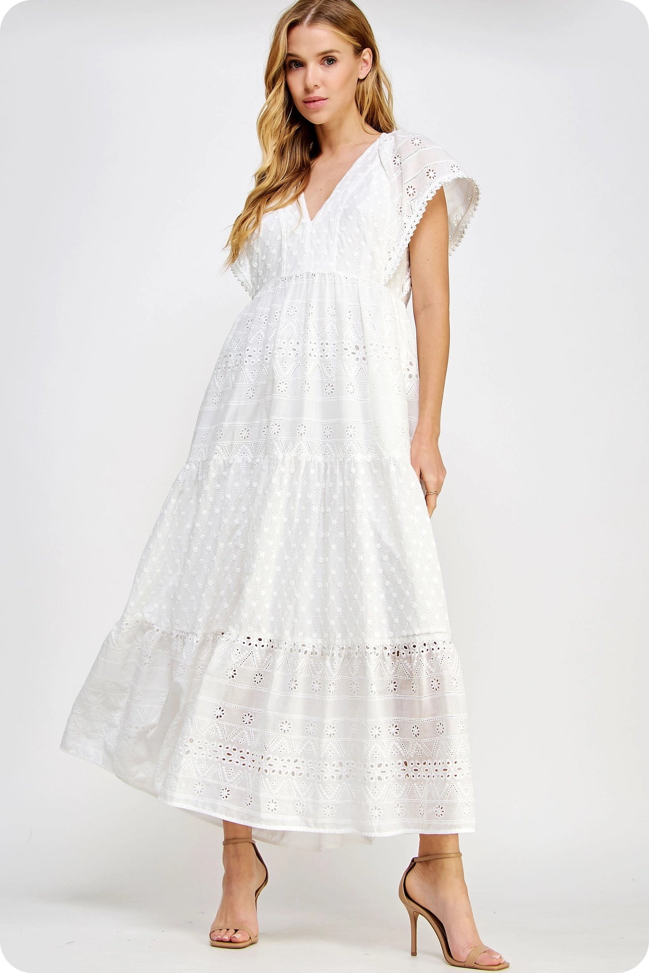 Pearl Trim Details Eyelet Long Dress - White