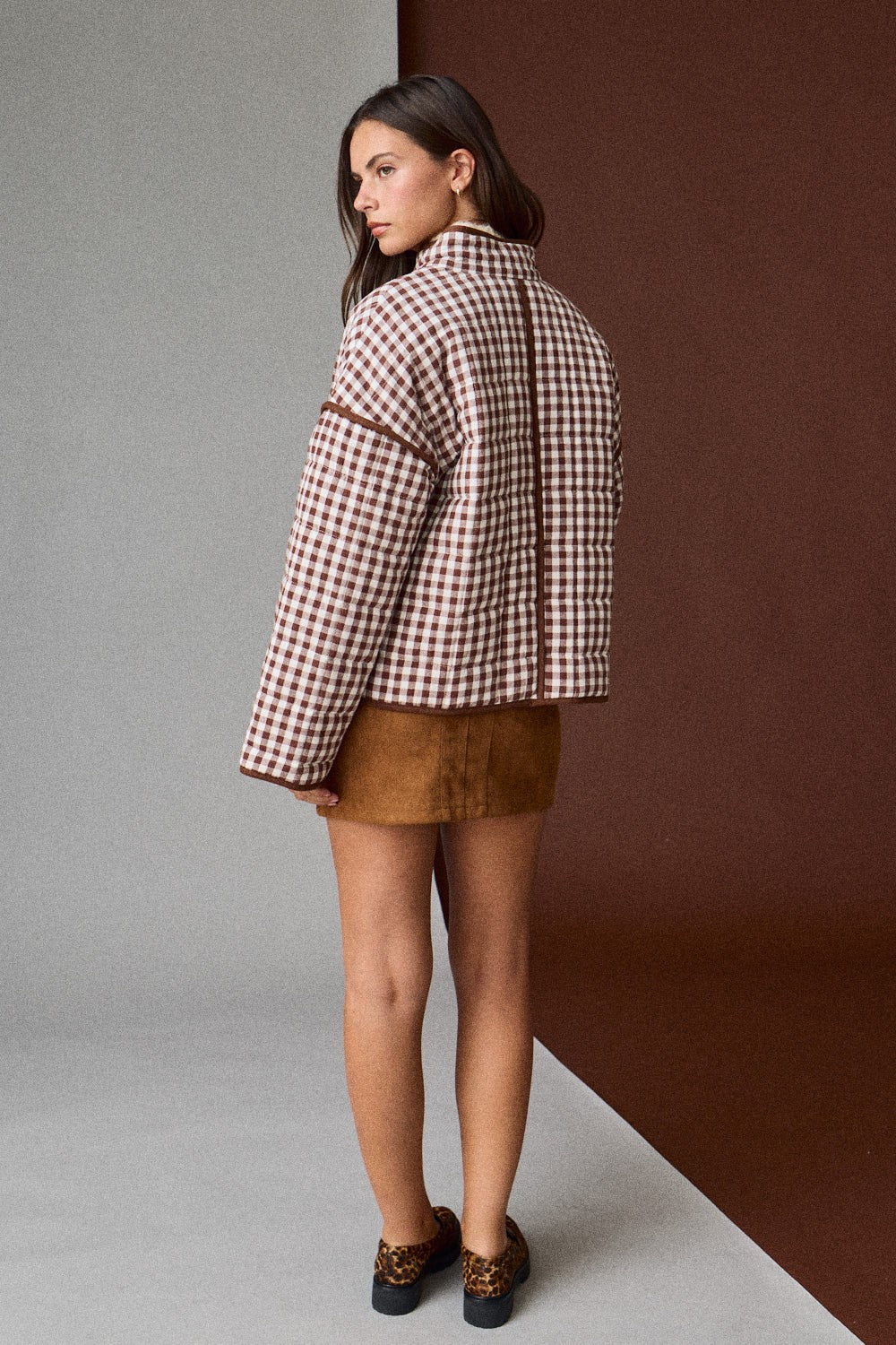 Gingham Quilted Jacket - Brown
