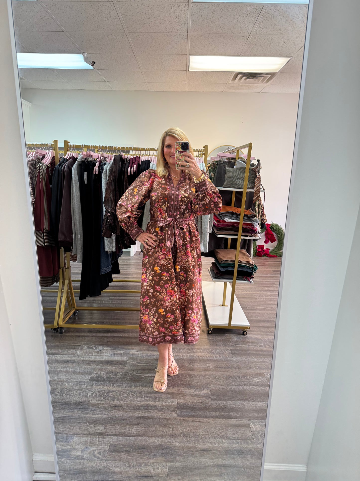 Floral Print Long Puff Sleeve Midi Dress - Brown