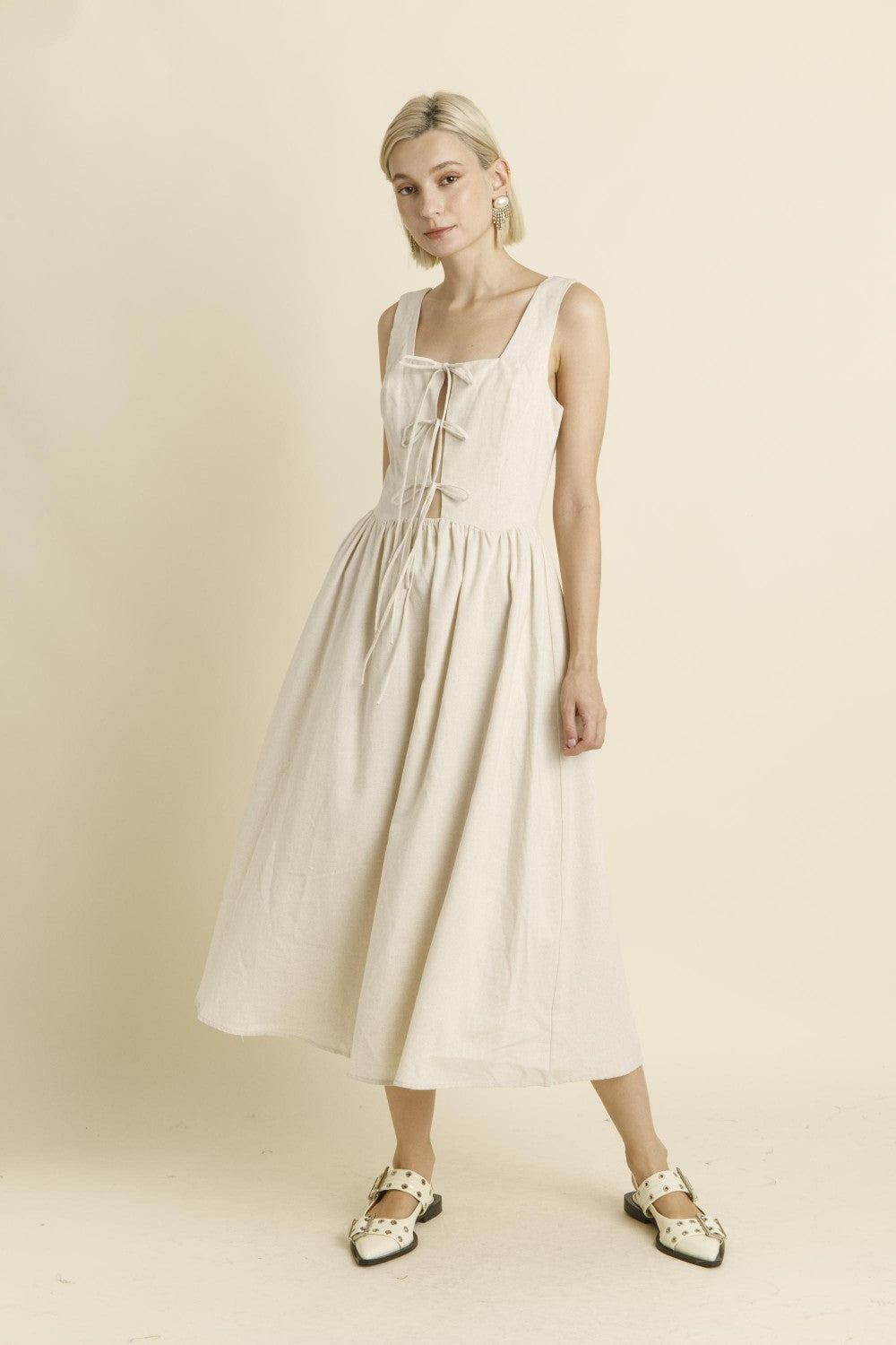 Linen Midi Dress with Ties - Oatmeal