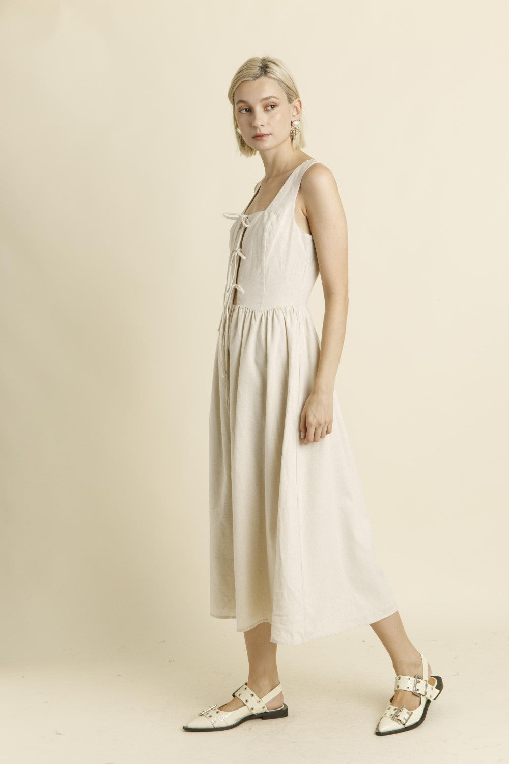 Linen Midi Dress with Ties - Oatmeal
