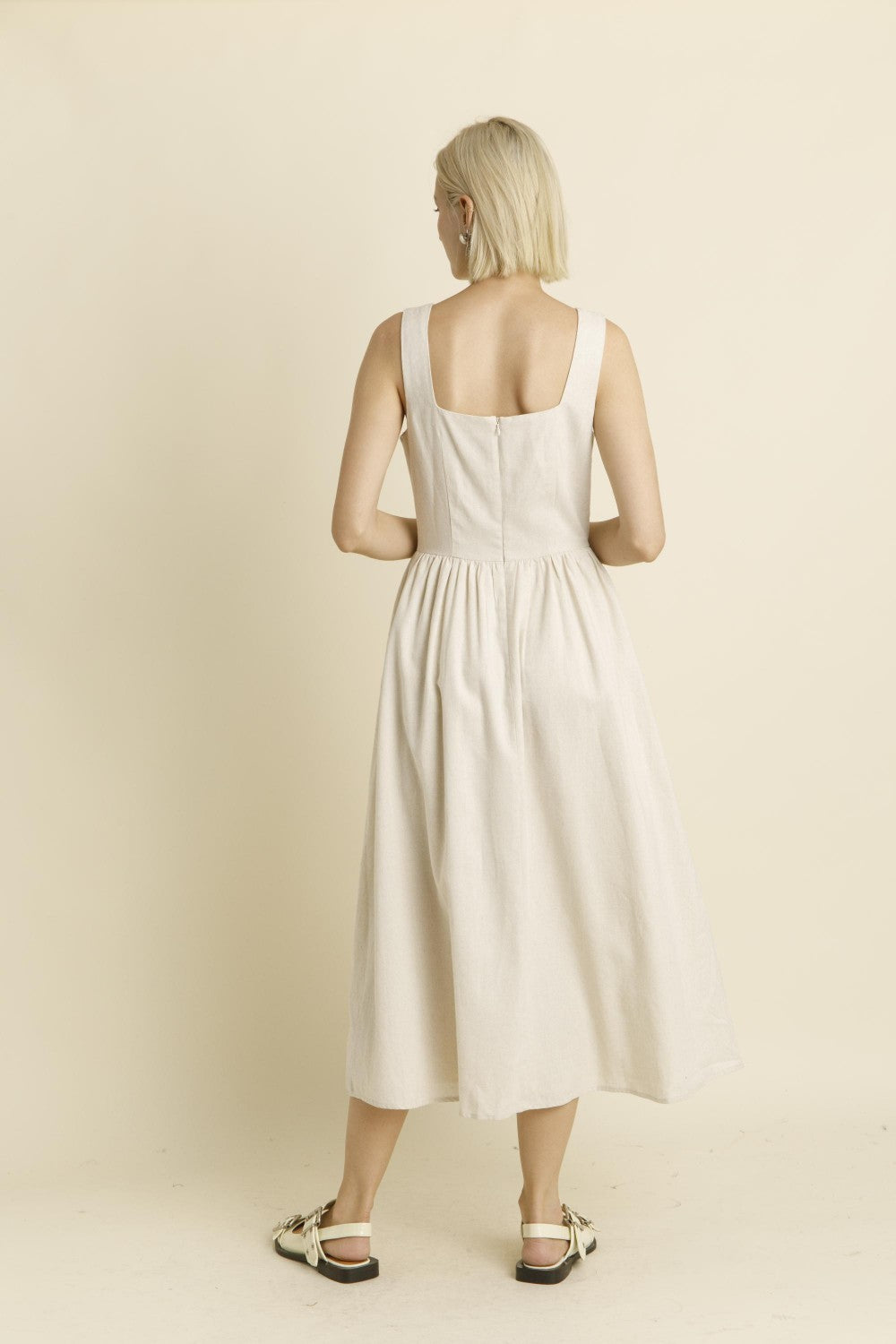 Linen Midi Dress with Ties - Oatmeal