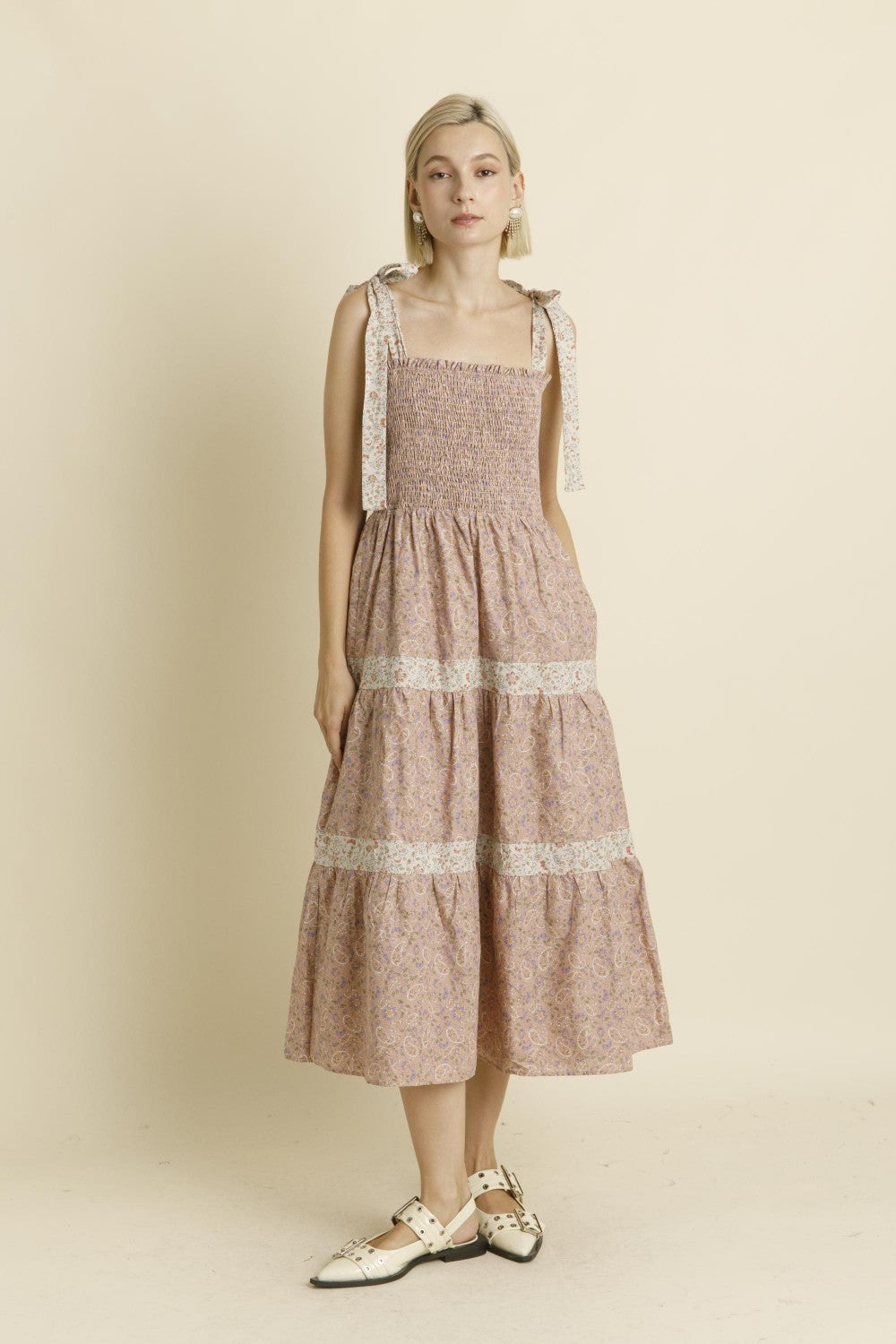 Paisley Tiered Midi Dress - Nude Pink