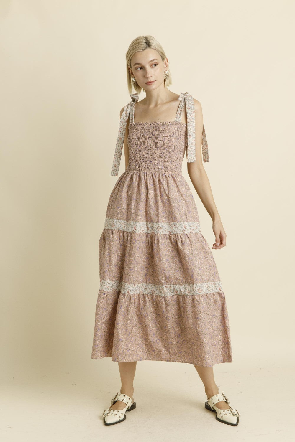 Paisley Tiered Midi Dress - Nude Pink
