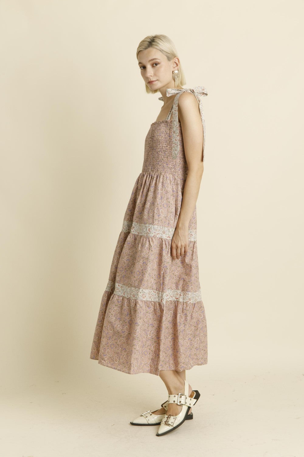 Paisley Tiered Midi Dress - Nude Pink