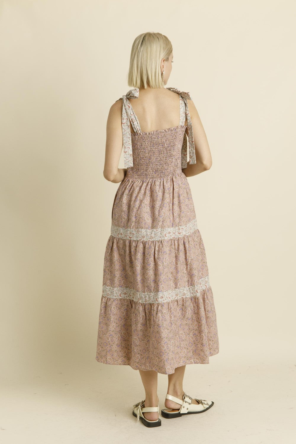 Paisley Tiered Midi Dress - Nude Pink