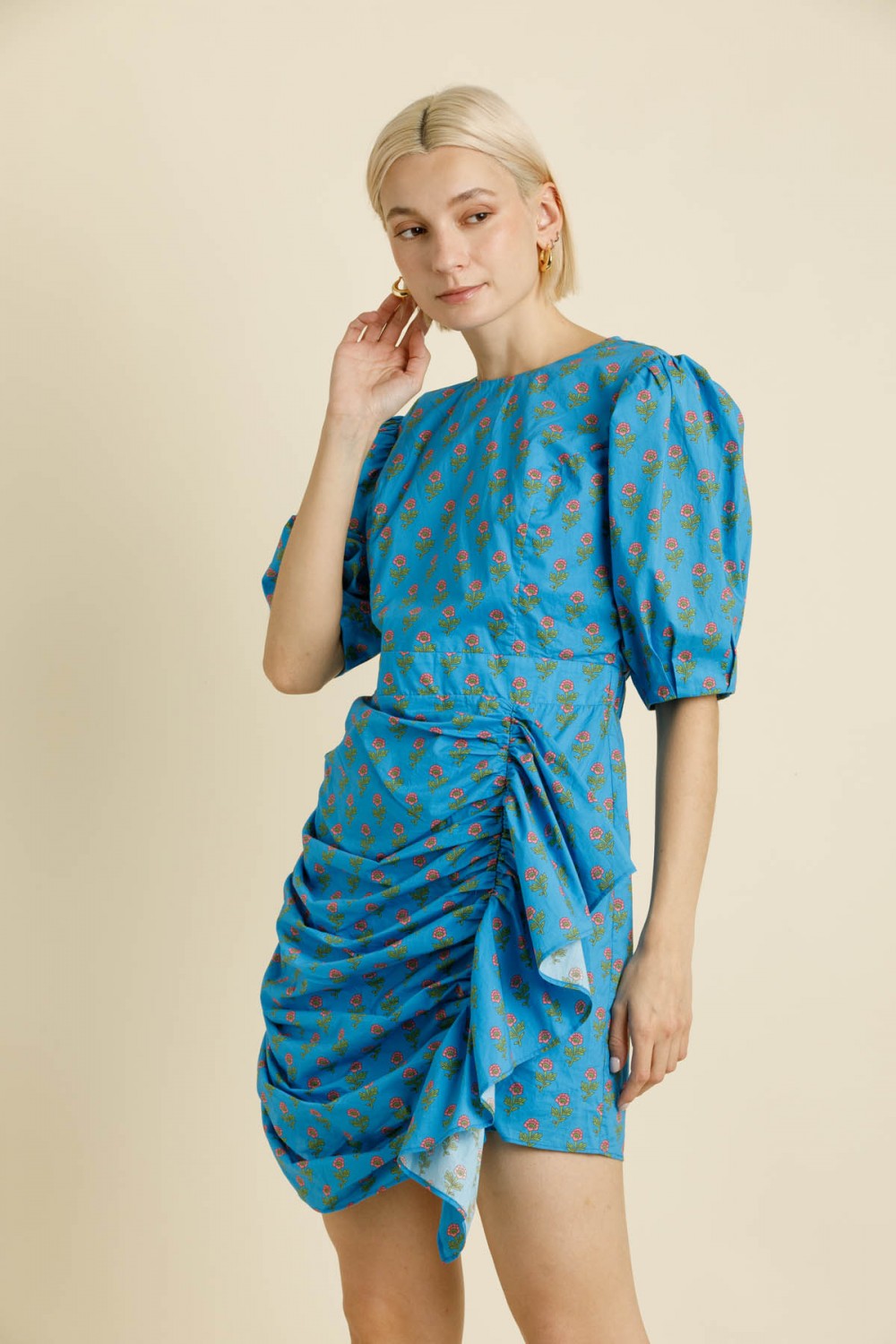 Ruched Sash Mini Dress - Blue