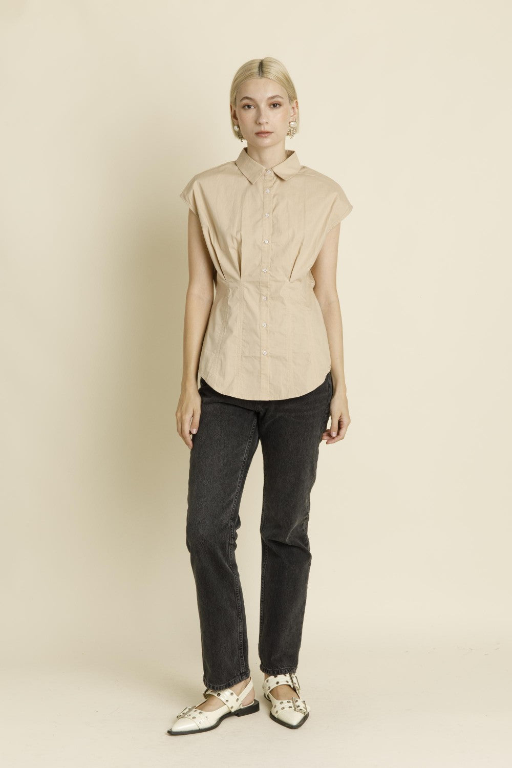 Pleated Cap Sleeve Blouse - Tan