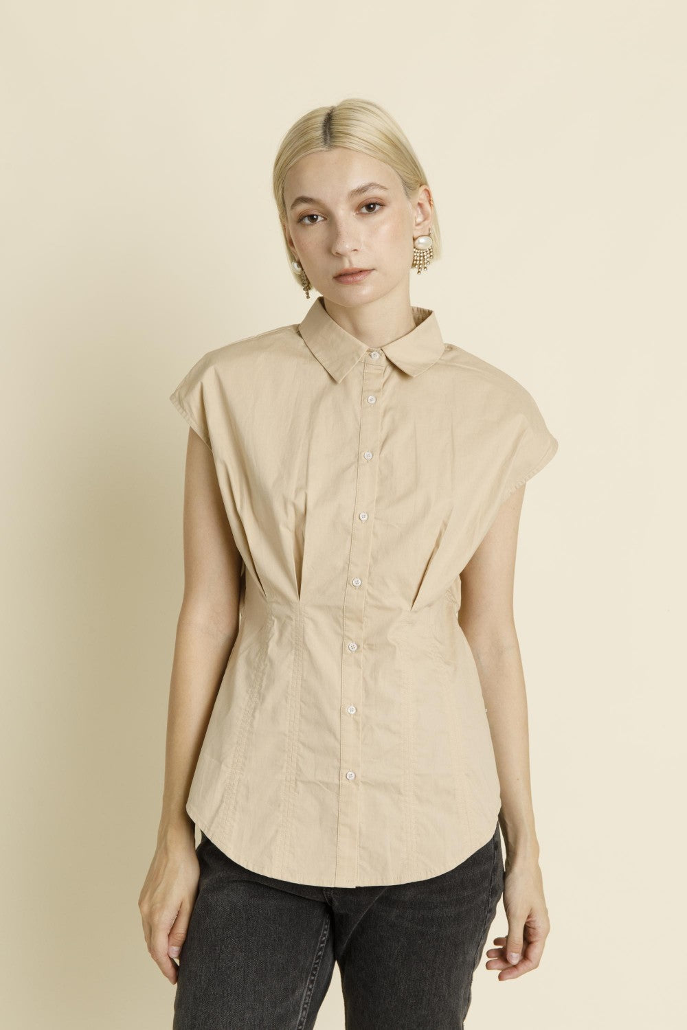 Pleated Cap Sleeve Blouse - Tan