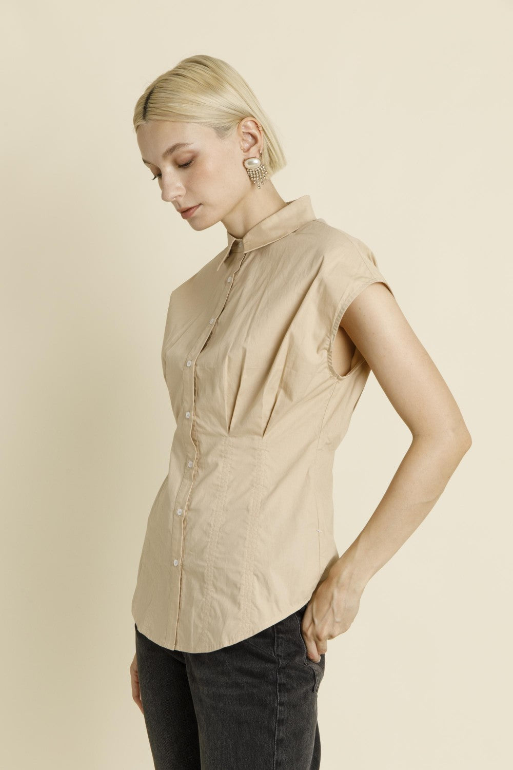 Pleated Cap Sleeve Blouse - Tan