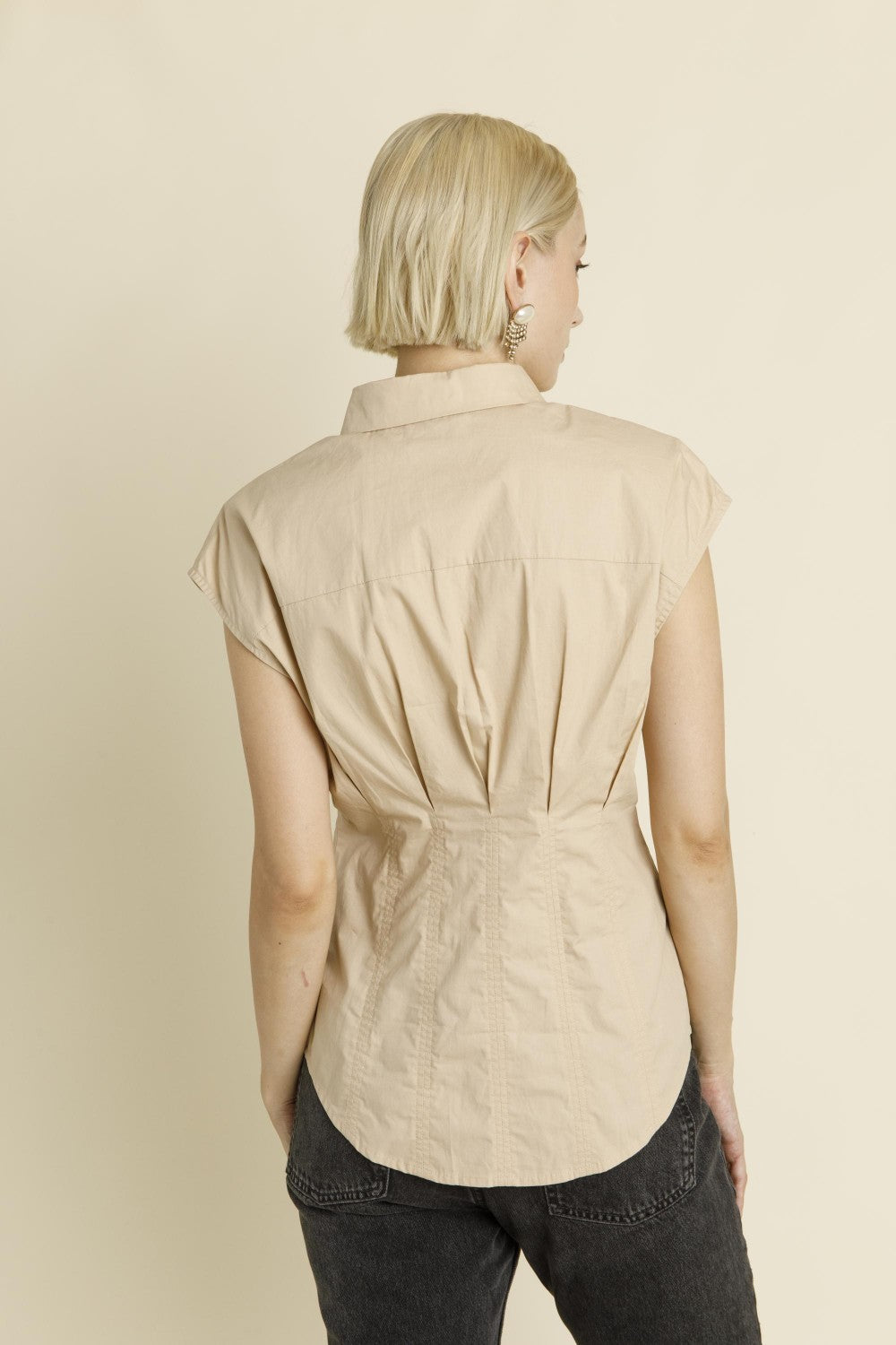 Pleated Cap Sleeve Blouse - Tan