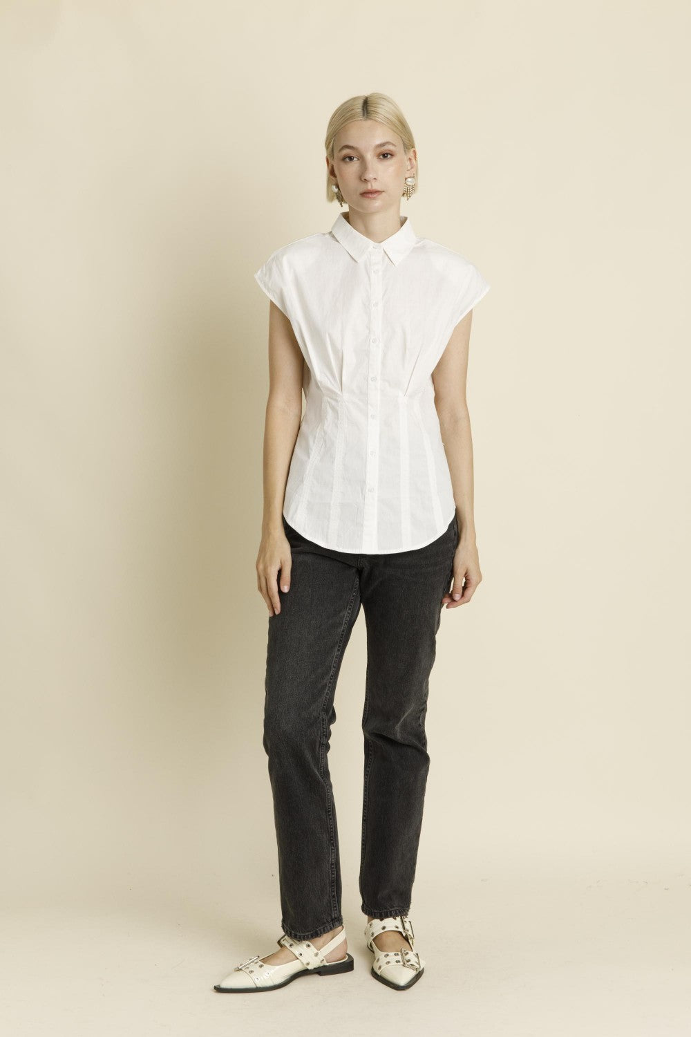 Pleated Cap Sleeve Blouse - White