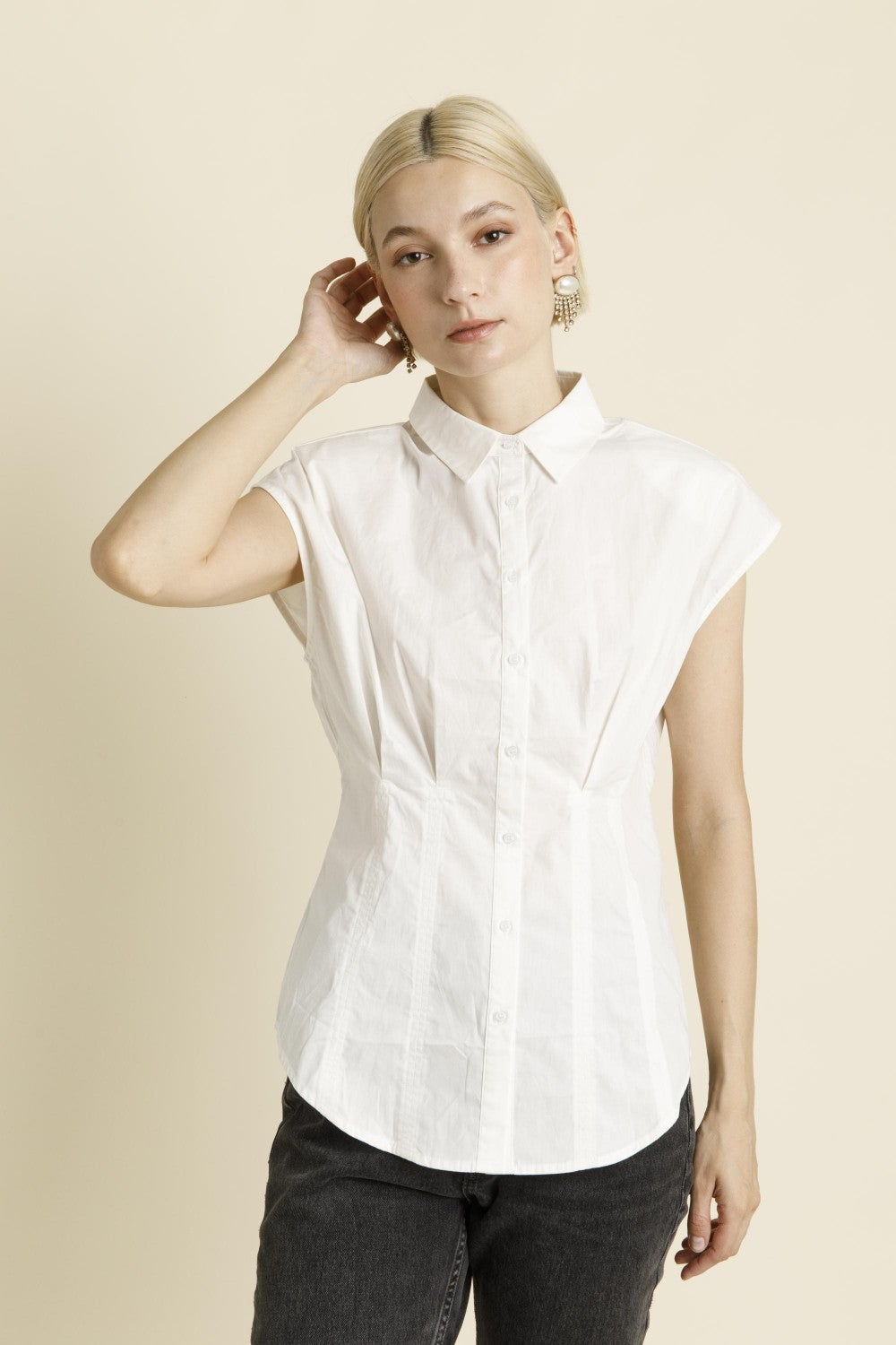 Pleated Cap Sleeve Blouse - White