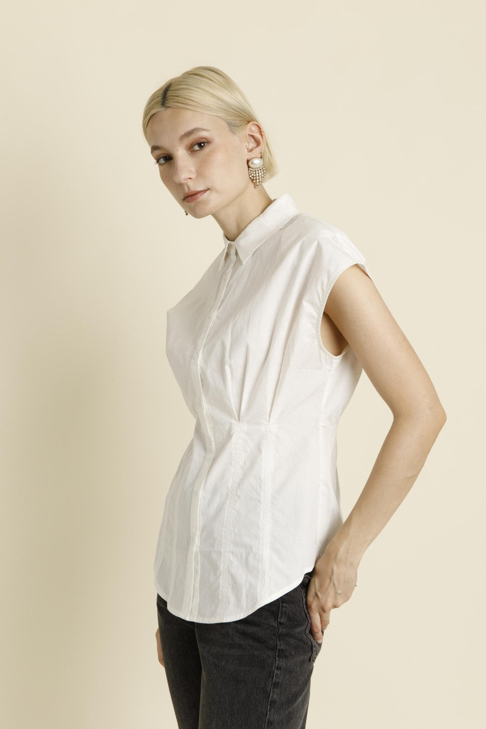 Pleated Cap Sleeve Blouse - White