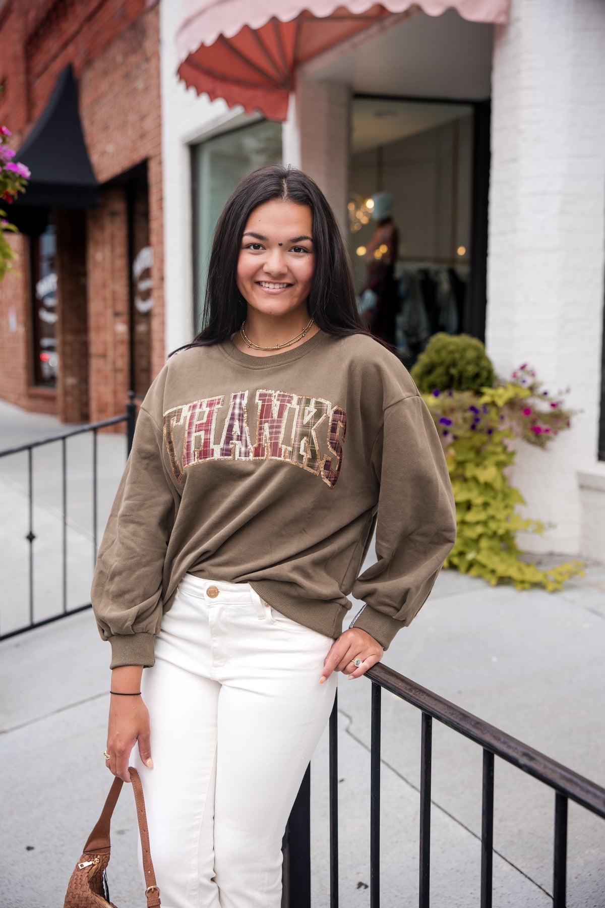 Queen of Sparkles Brown Plaid 'Thanks' Sweatshirt