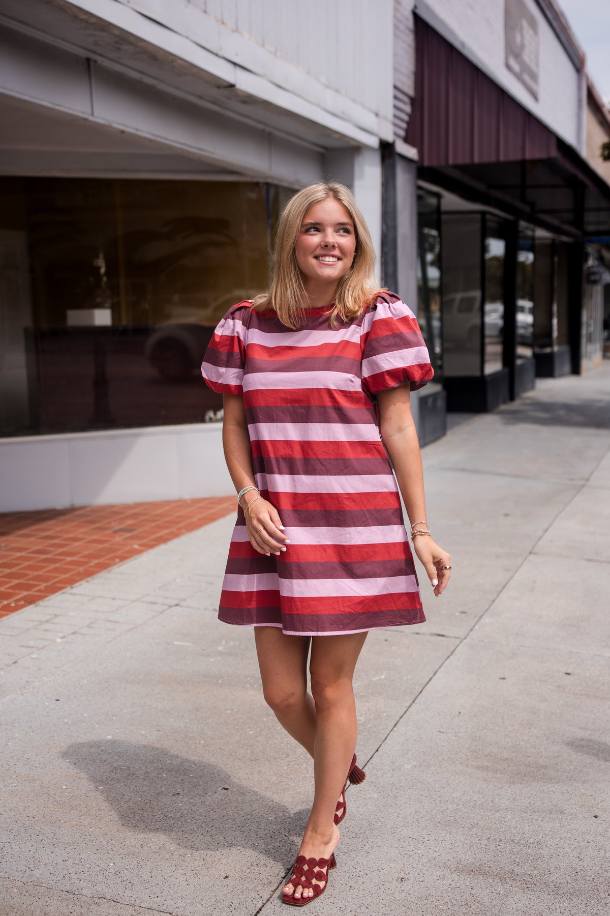 Stripe Short Puff Sleeve Mini Dress - Berry Combo