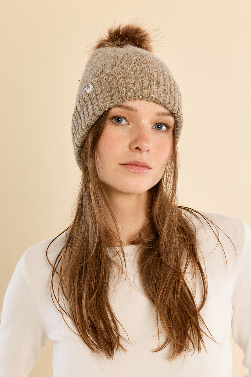 Sequined Knit Hat with Pompom - Beige