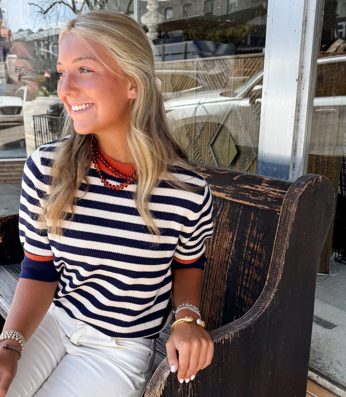 Stripe Short Sleeve Sweater Top - Navy/Orange