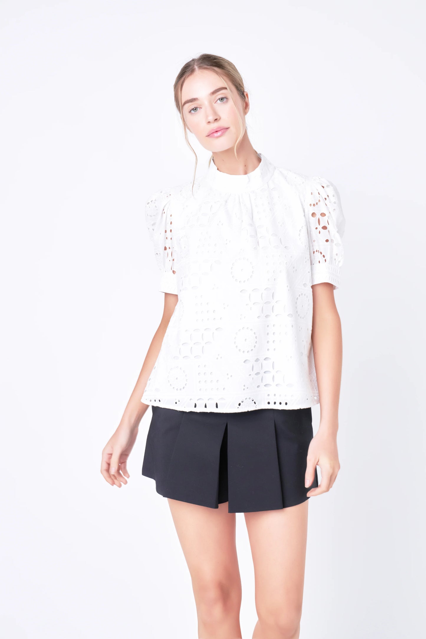 Broderie Anglaise Puff Sleeve Top - White