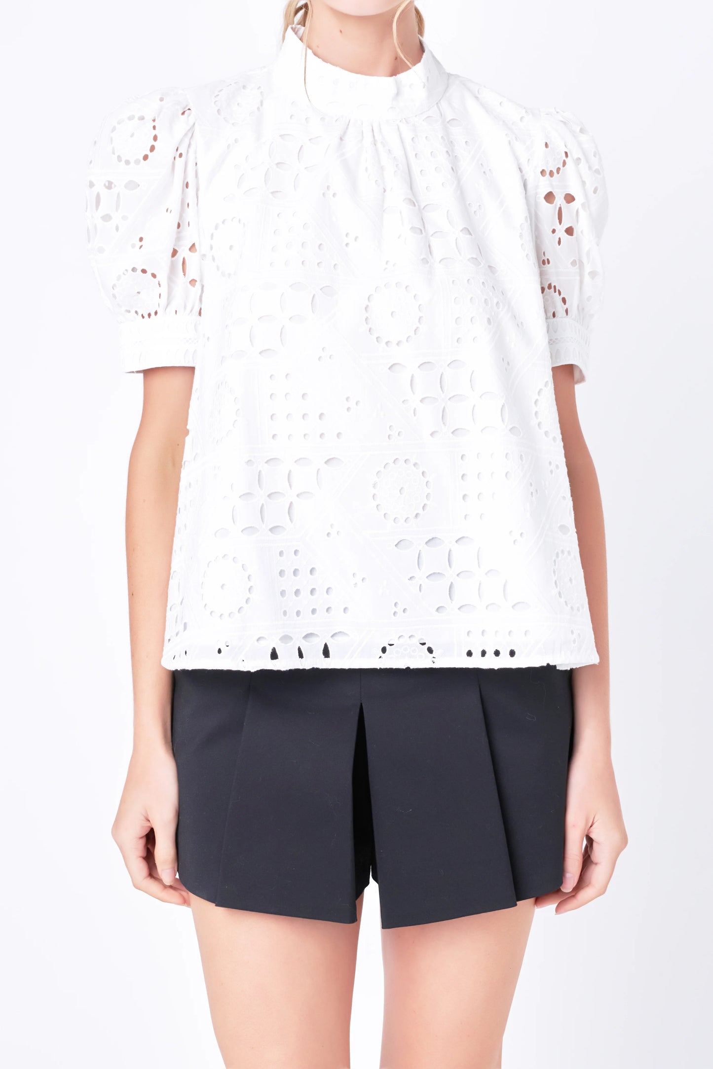 Broderie Anglaise Puff Sleeve Top - White
