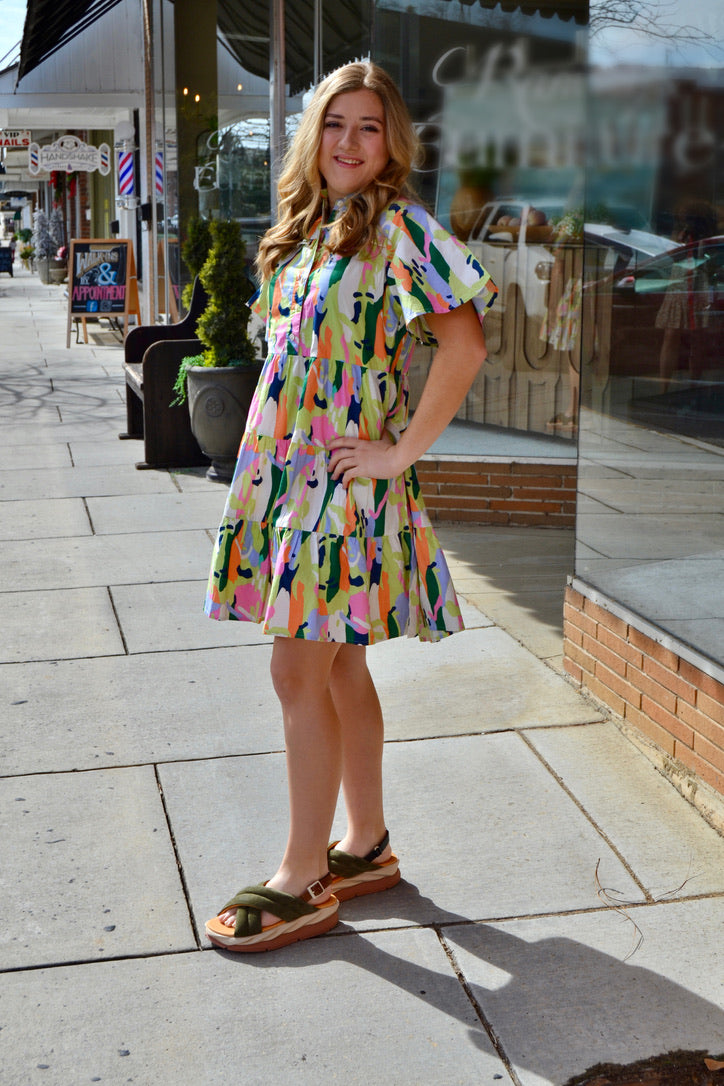 Short Sleeve Multi Color Dress - Lime