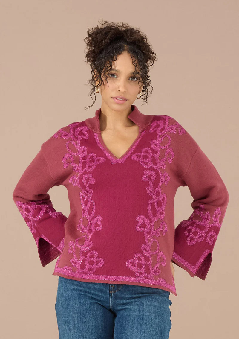 Callie Knit Top - Merlot Opulent Floral Jacquard