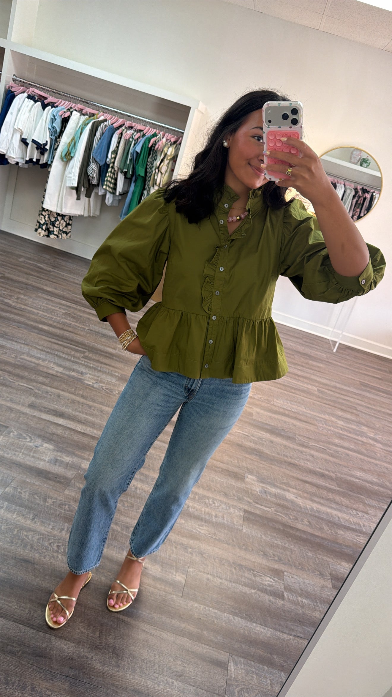Ruffle Detail Peplum Top - Martini Olive