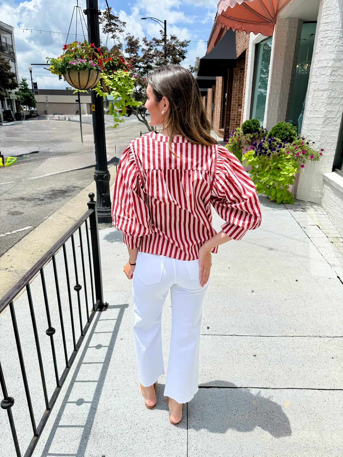 Stripe Bishop Sleeve Blouse - Pink/Wine