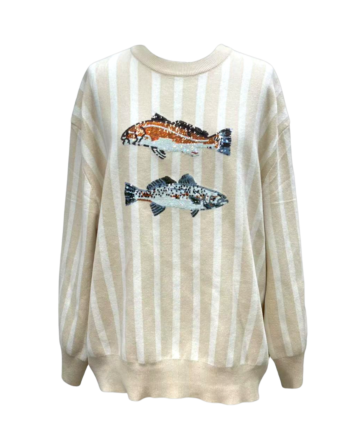 Queen of Sparkles Beige Stripe Fish Sweater