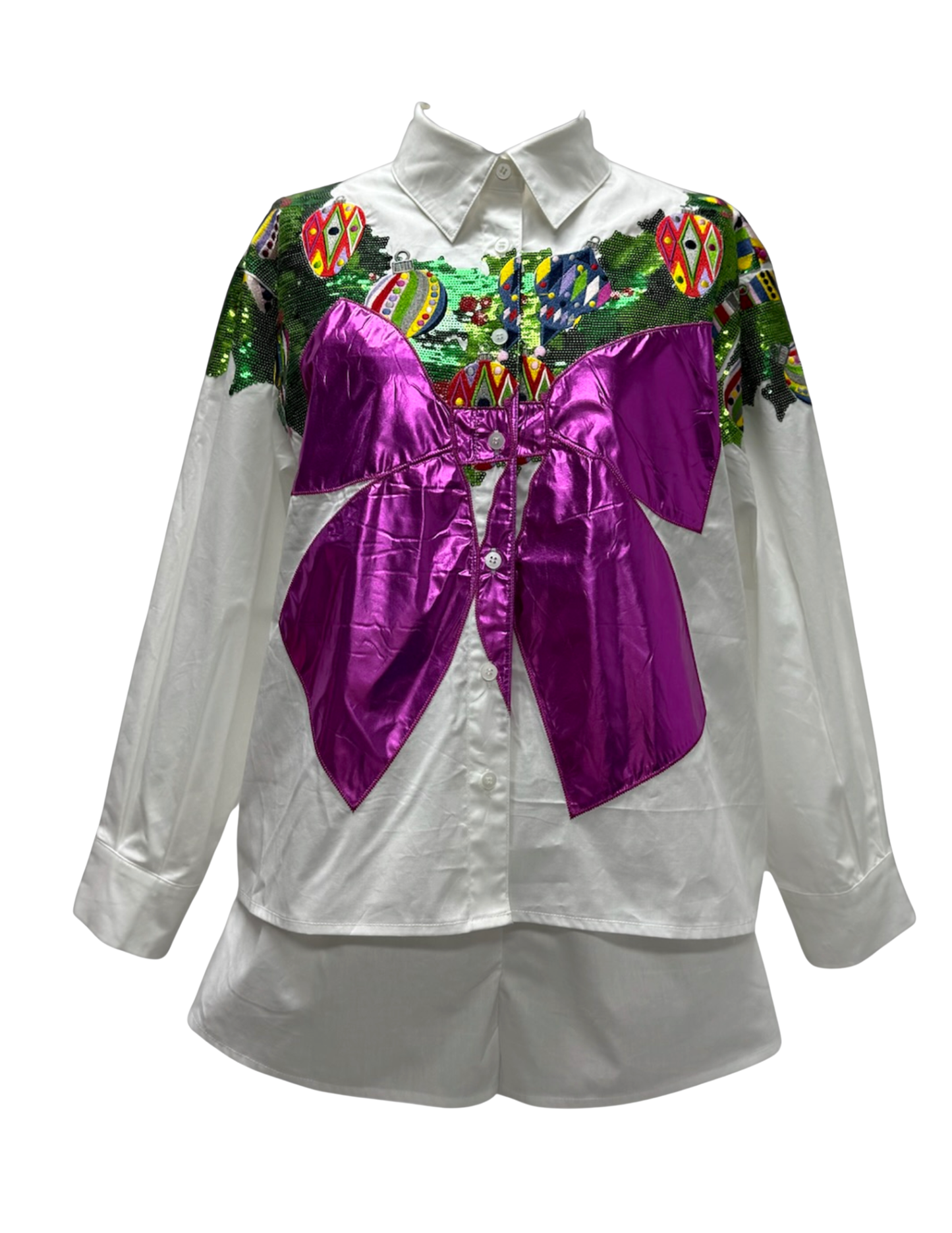White Multi Metallic Wreath Cotton Button Up Top