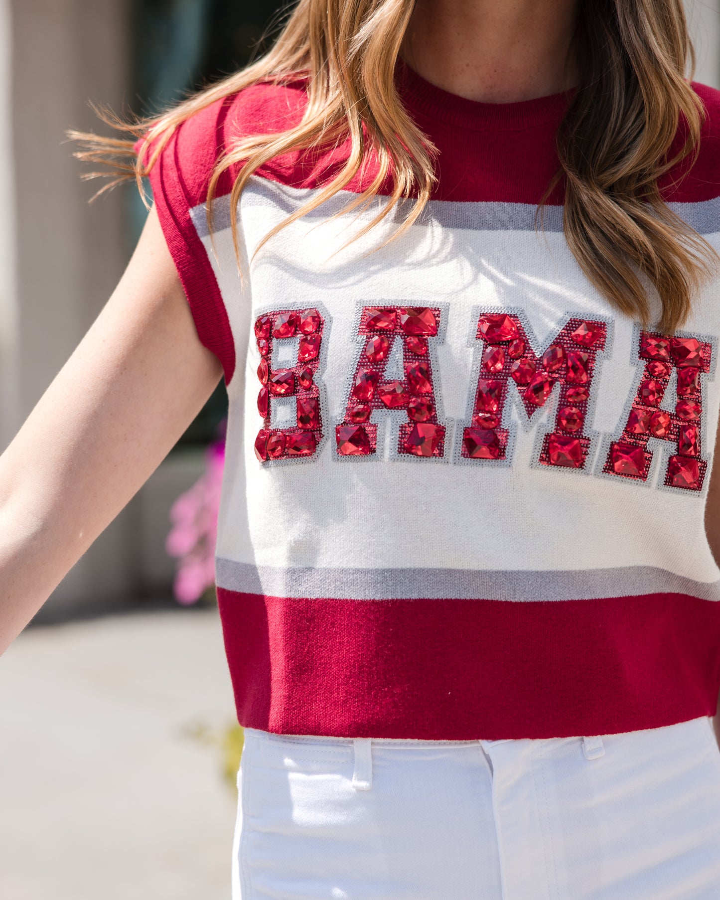 Queen of Sparkles Licensed 'Bama' Colorblock Jewel Letter Short Sleeve Sweater