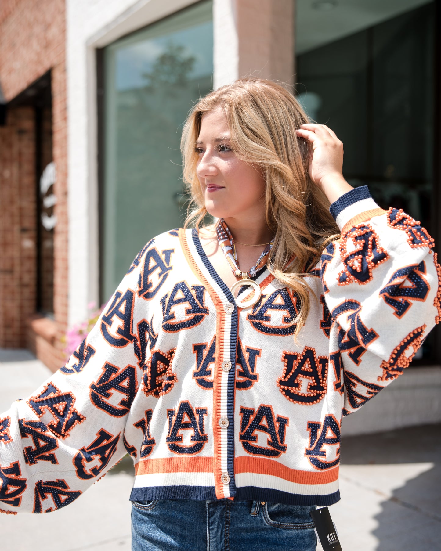 Queen of Sparkles Licensed Auburn Knit In Mascot Rhinestone Cardigan
