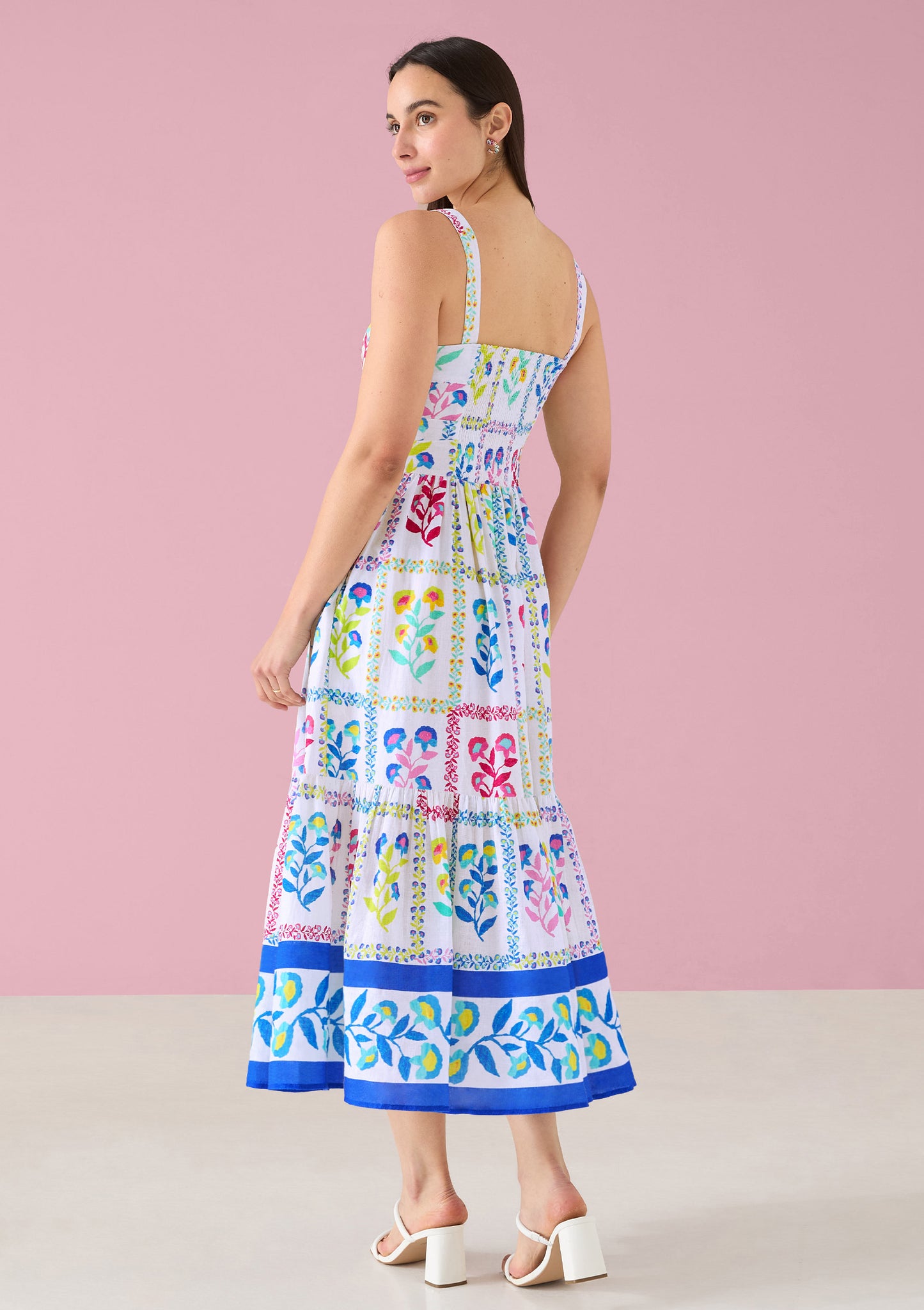 Gianna Dress - White Multi Floral Stamp