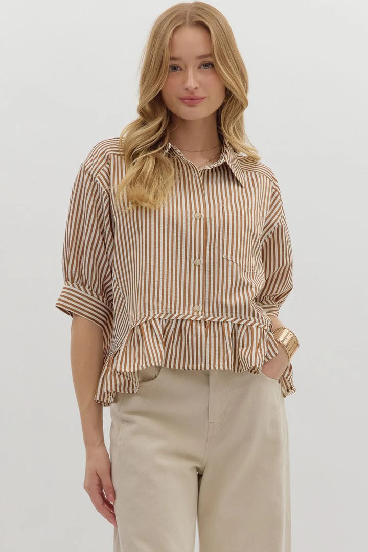 Stripe Ruffle Hem Top - Brown