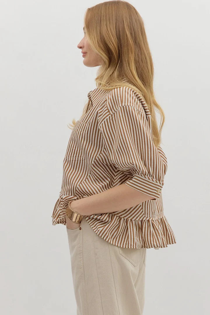 Stripe Ruffle Hem Top - Brown