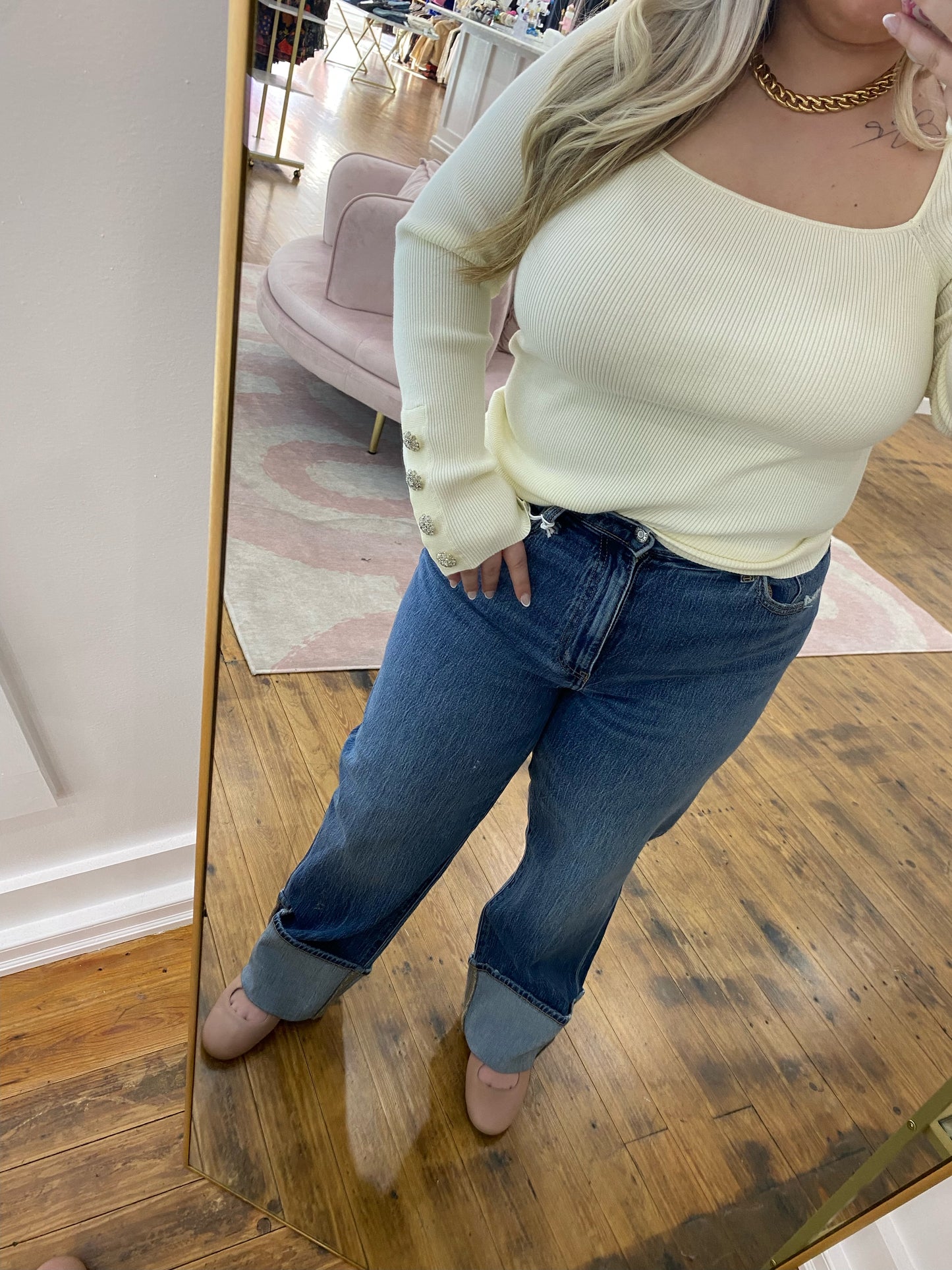 Bea Ribbed Button Cuff Knit Top - Ivory