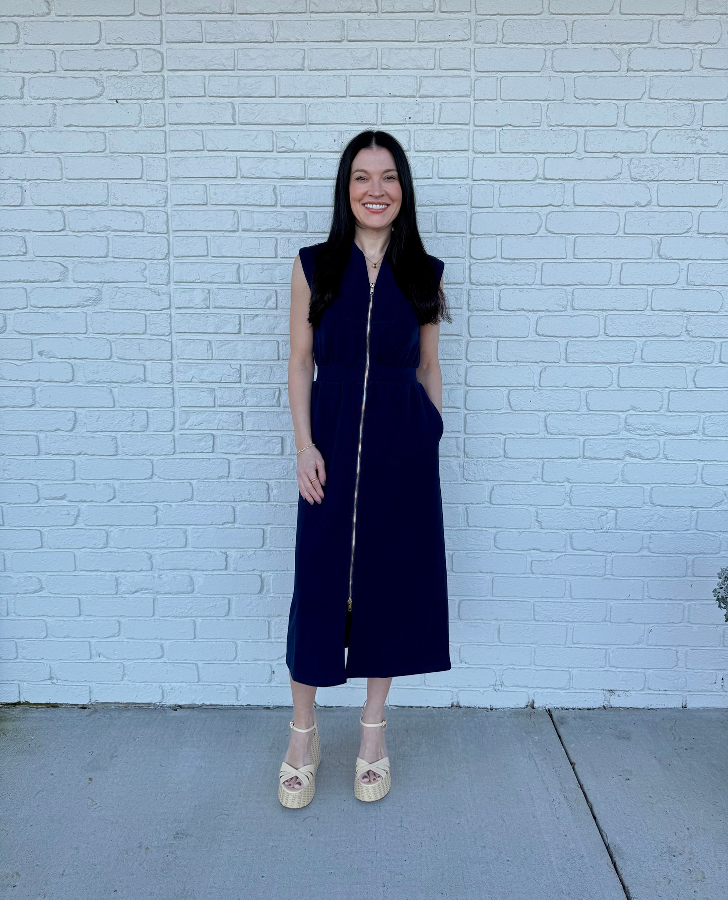 Sleeveless Zip-Up Midi Dress - Navy