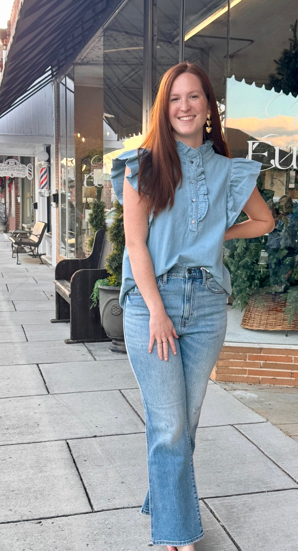 Ruffle Sleeve Collar Tank Top - Light Denim
